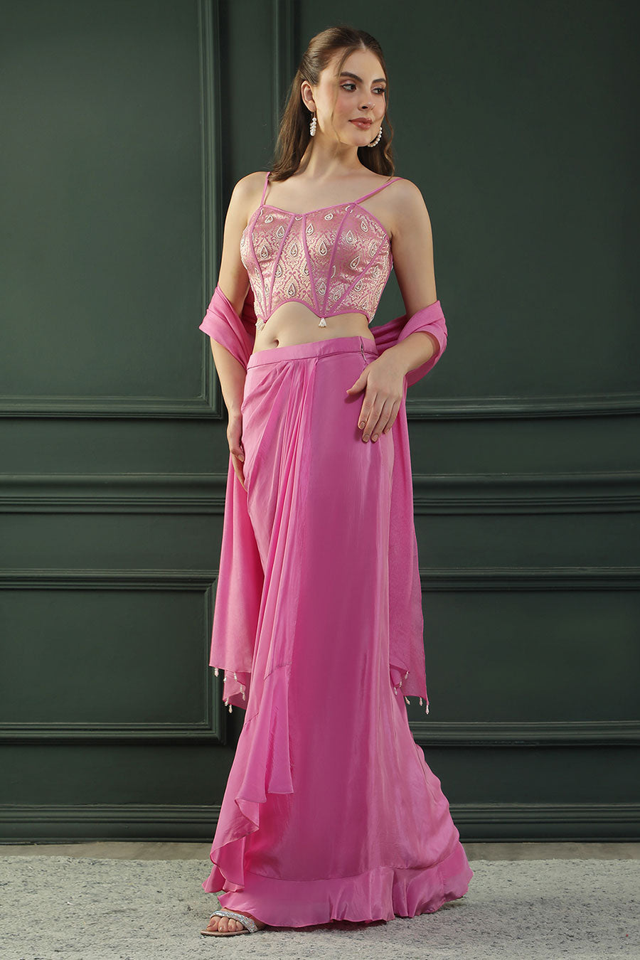 Pink Embroidered Drape Skirt Set With Dupatta