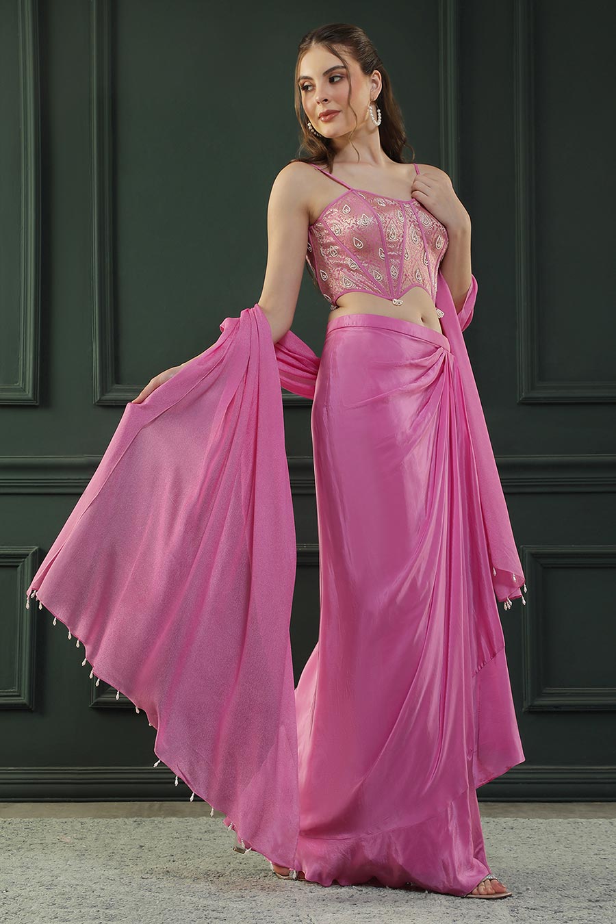 Pink Embroidered Drape Skirt Set With Dupatta