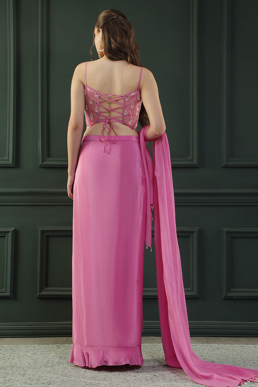 Pink Embroidered Drape Skirt Set With Dupatta