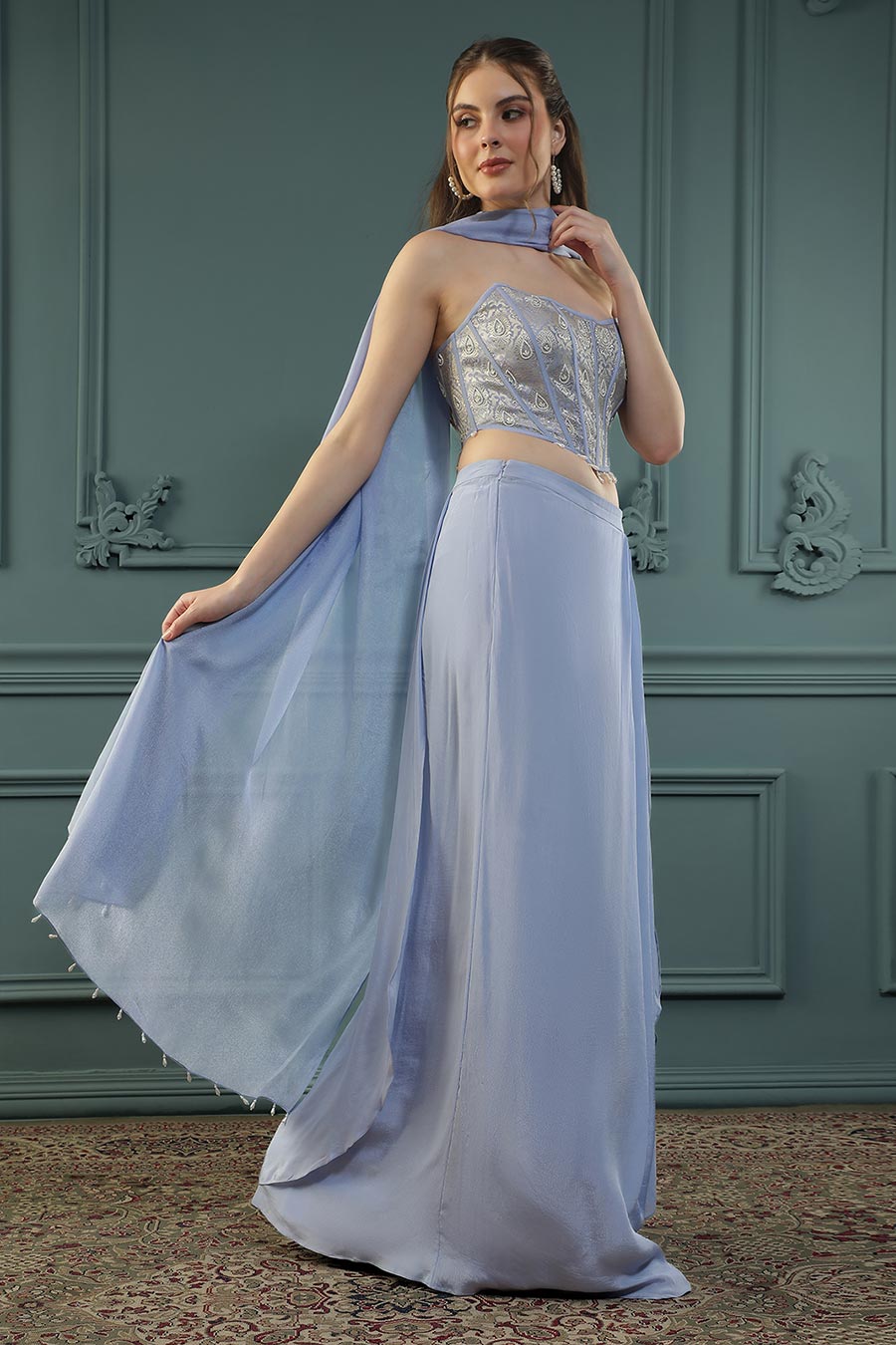 Lilac Embroidered Drape Skirt Set With Dupatta