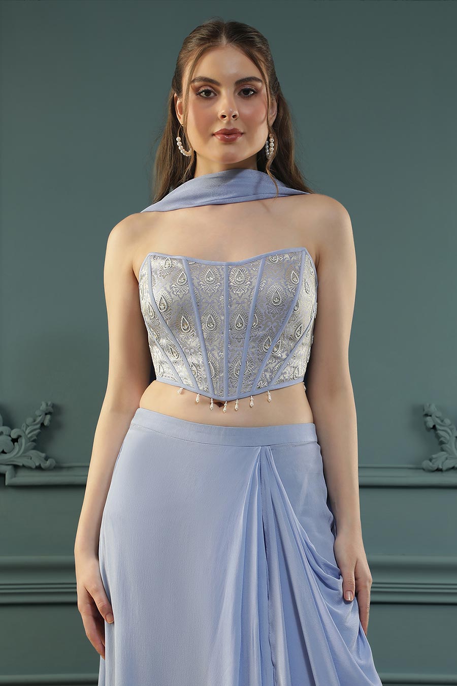 Lilac Embroidered Drape Skirt Set With Dupatta