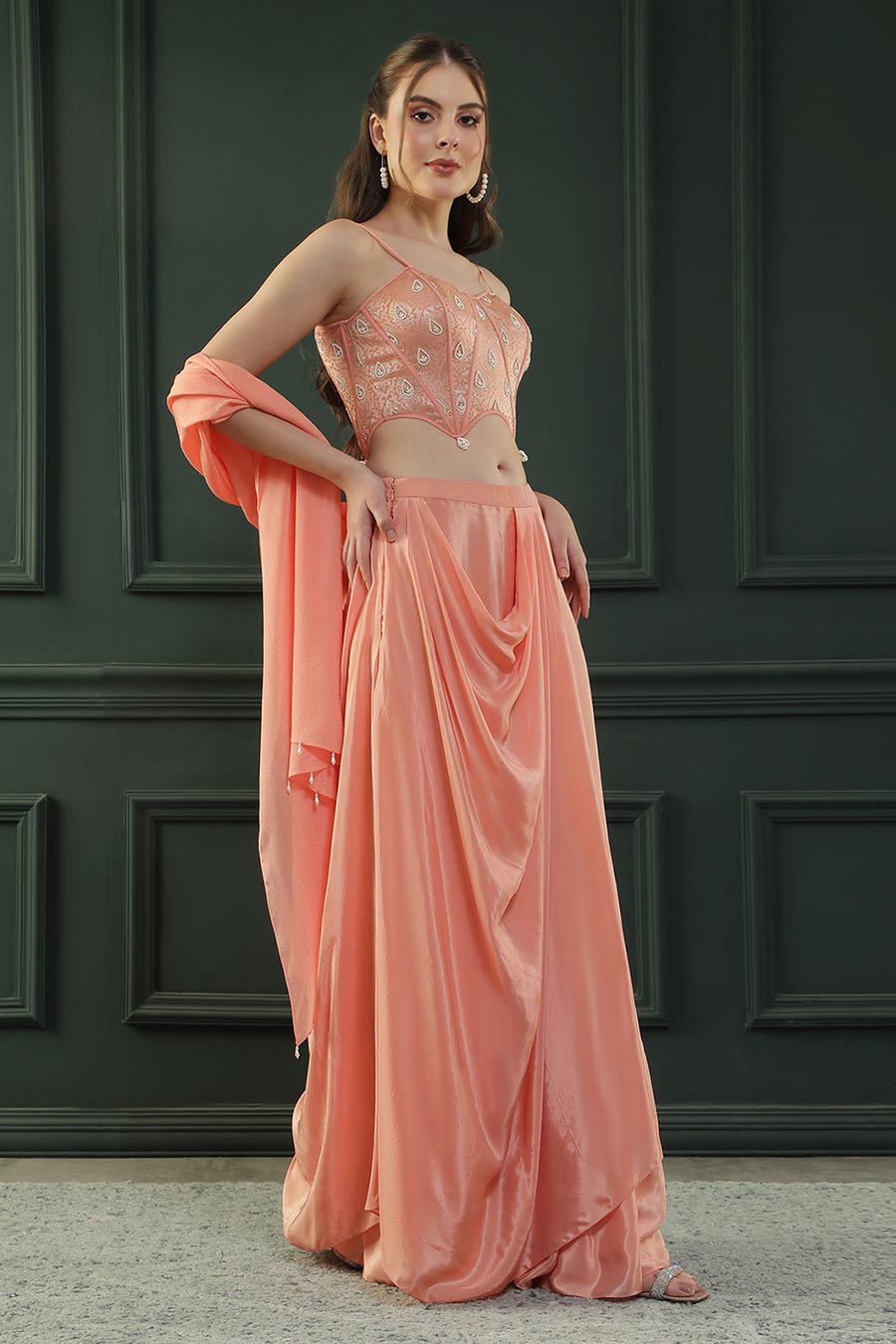 Peach Embroidered Drape Skirt Set With Dupatta