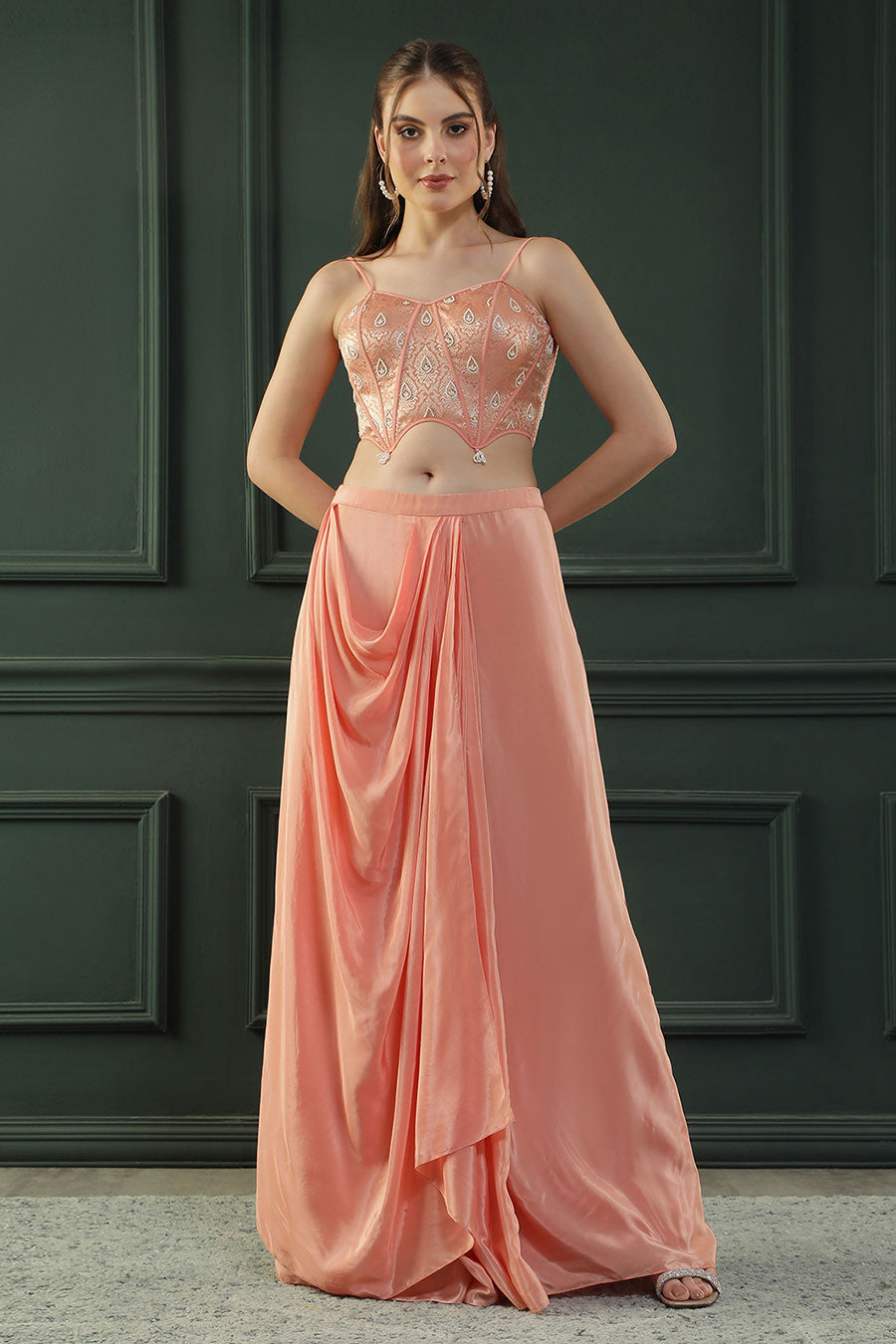 Peach Embroidered Drape Skirt Set With Dupatta