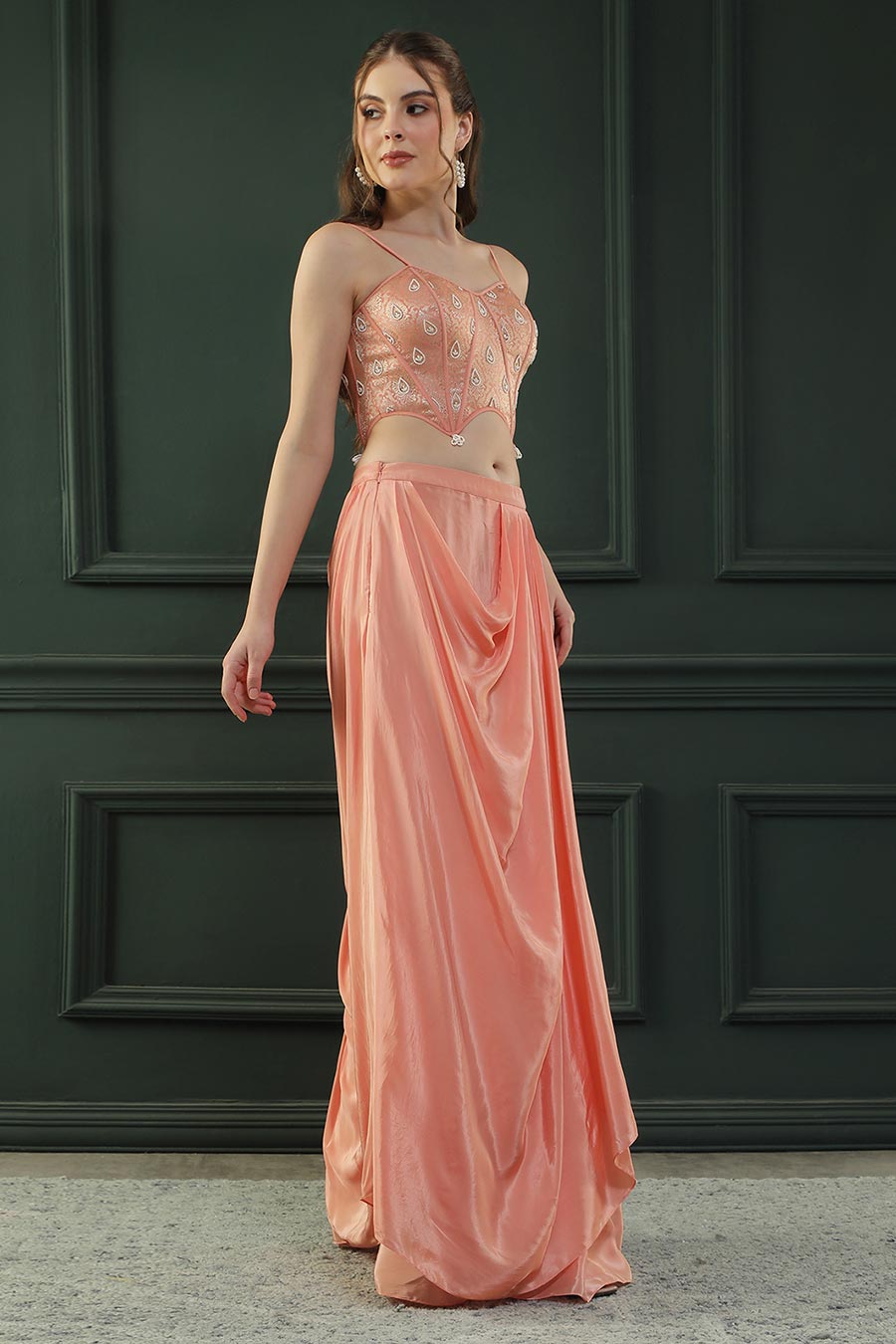 Peach Embroidered Drape Skirt Set With Dupatta