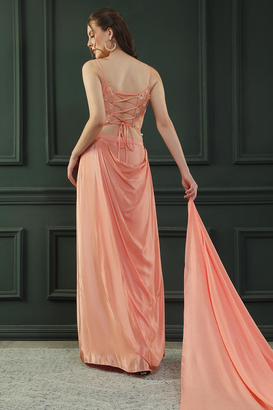 Peach Embroidered Drape Skirt Set With Dupatta