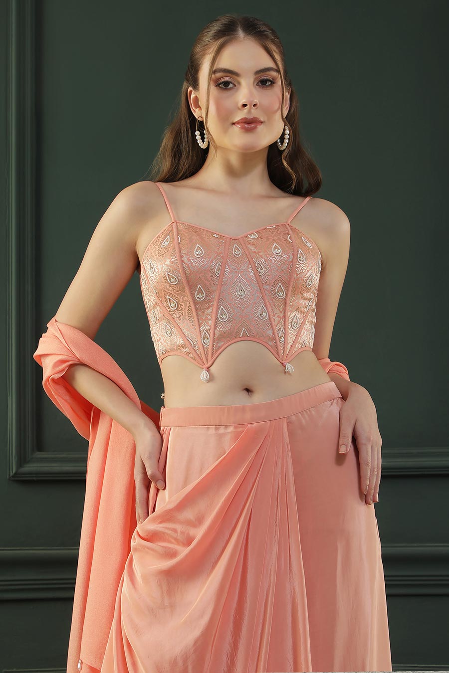 Peach Embroidered Drape Skirt Set With Dupatta