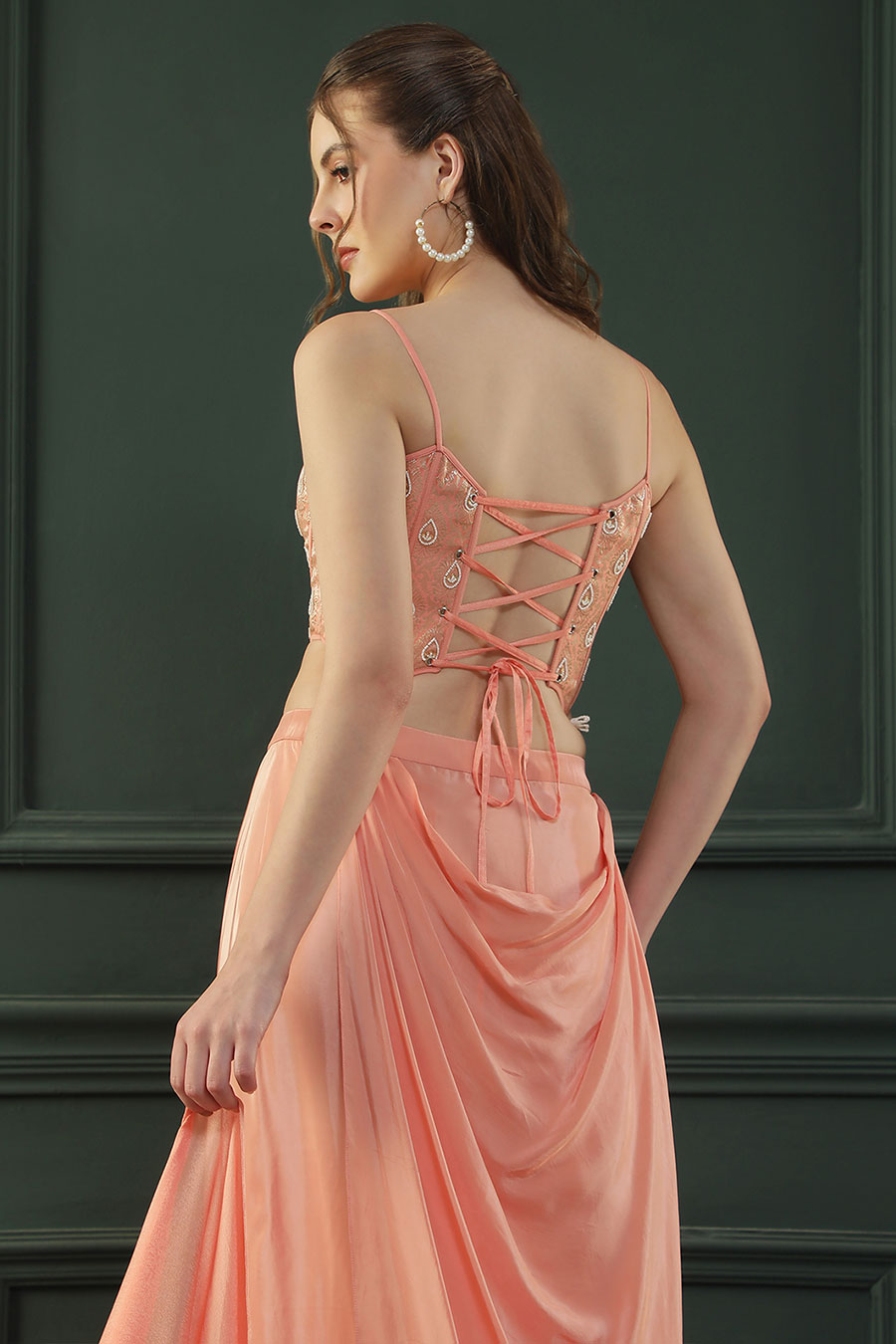 Peach Embroidered Drape Skirt Set With Dupatta
