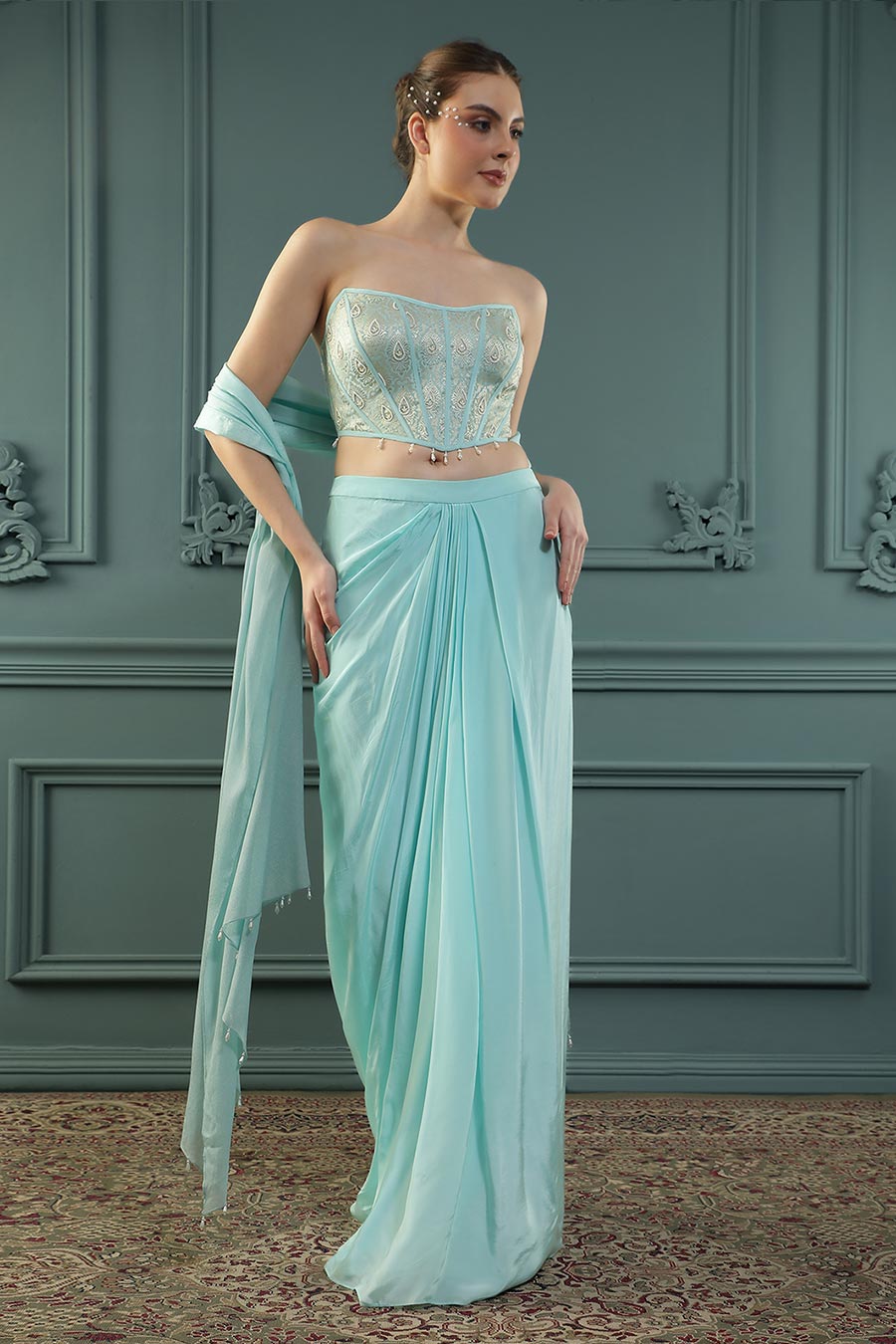 Blue Embroidered Drape Skirt Set With Dupatta