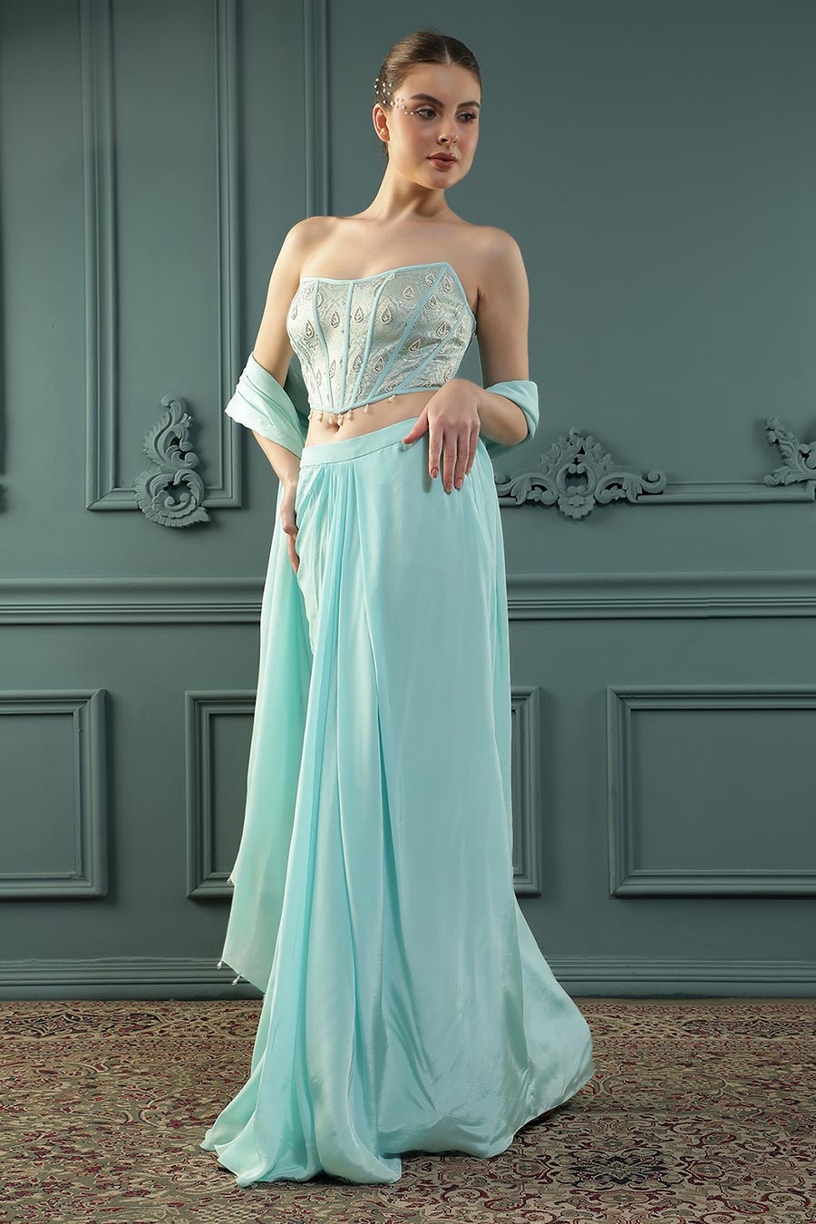Blue Embroidered Drape Skirt Set With Dupatta