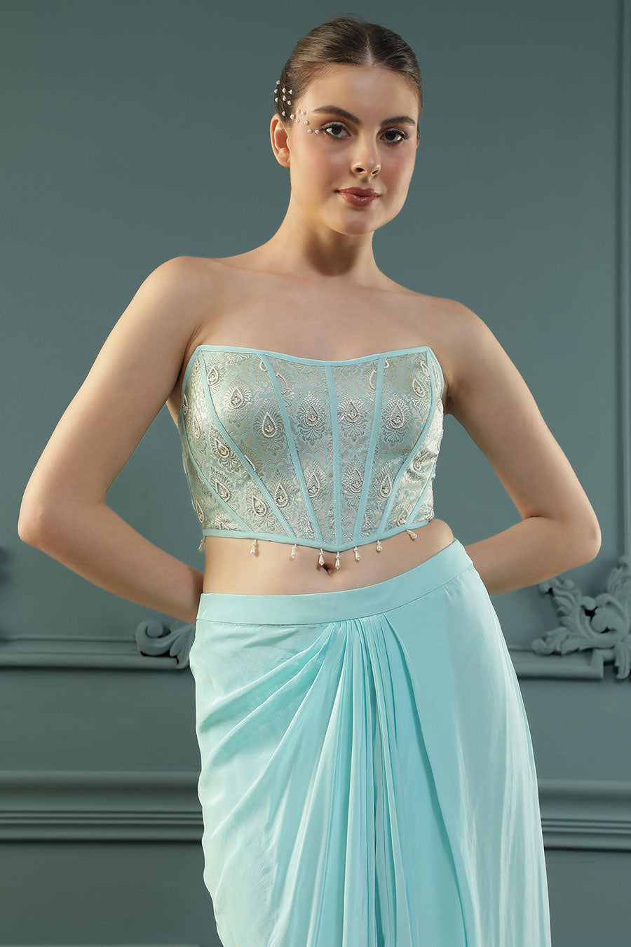 Blue Embroidered Drape Skirt Set With Dupatta