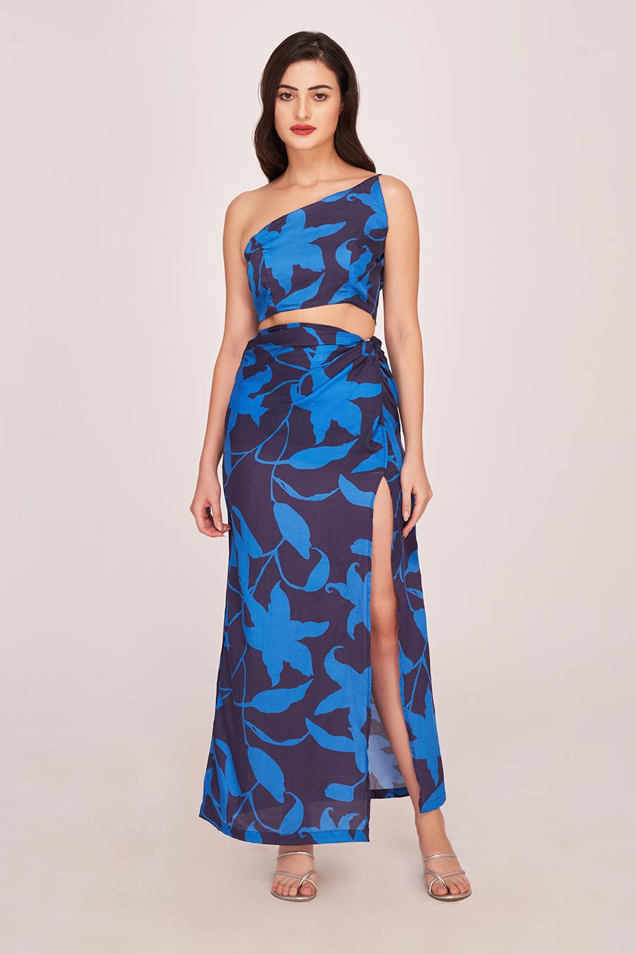 Blue Printed One-Shoulder Top & Long Skirt Co-Ord Set