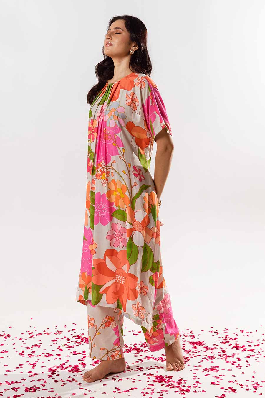 Multicolour Printed Pleated Kurta and Pant Set