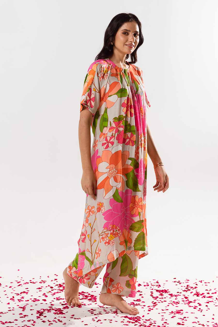 Multicolour Printed Pleated Kurta and Pant Set