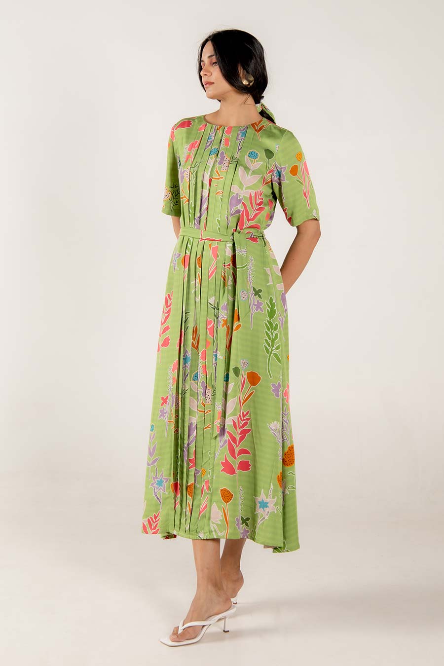 Moana Green Floral Print Pleated Dress