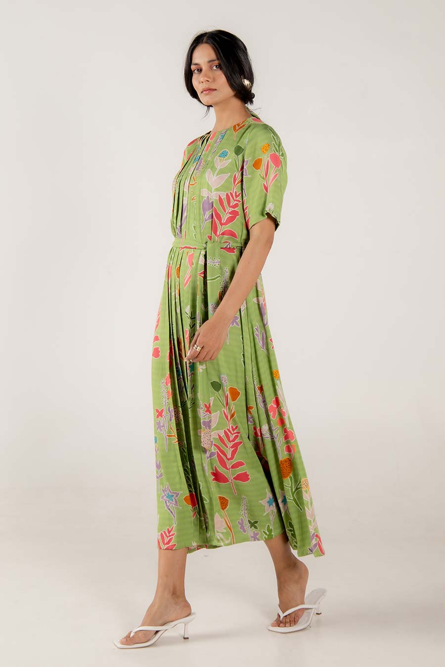 Moana Green Floral Print Pleated Dress