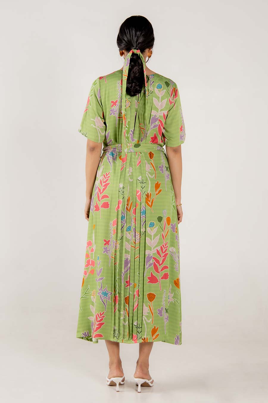 Moana Green Floral Print Pleated Dress