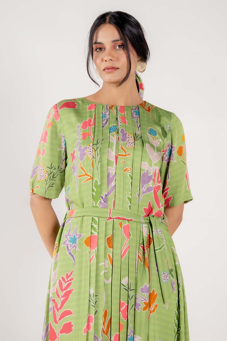 Moana Green Floral Print Pleated Dress