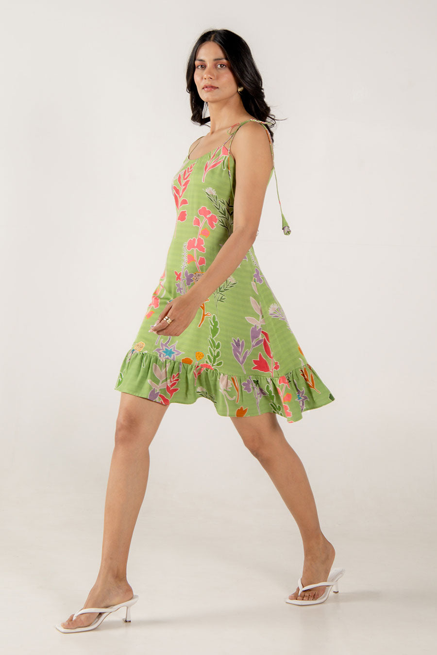 Gardenia Green Floral Print Short Strappy Dress