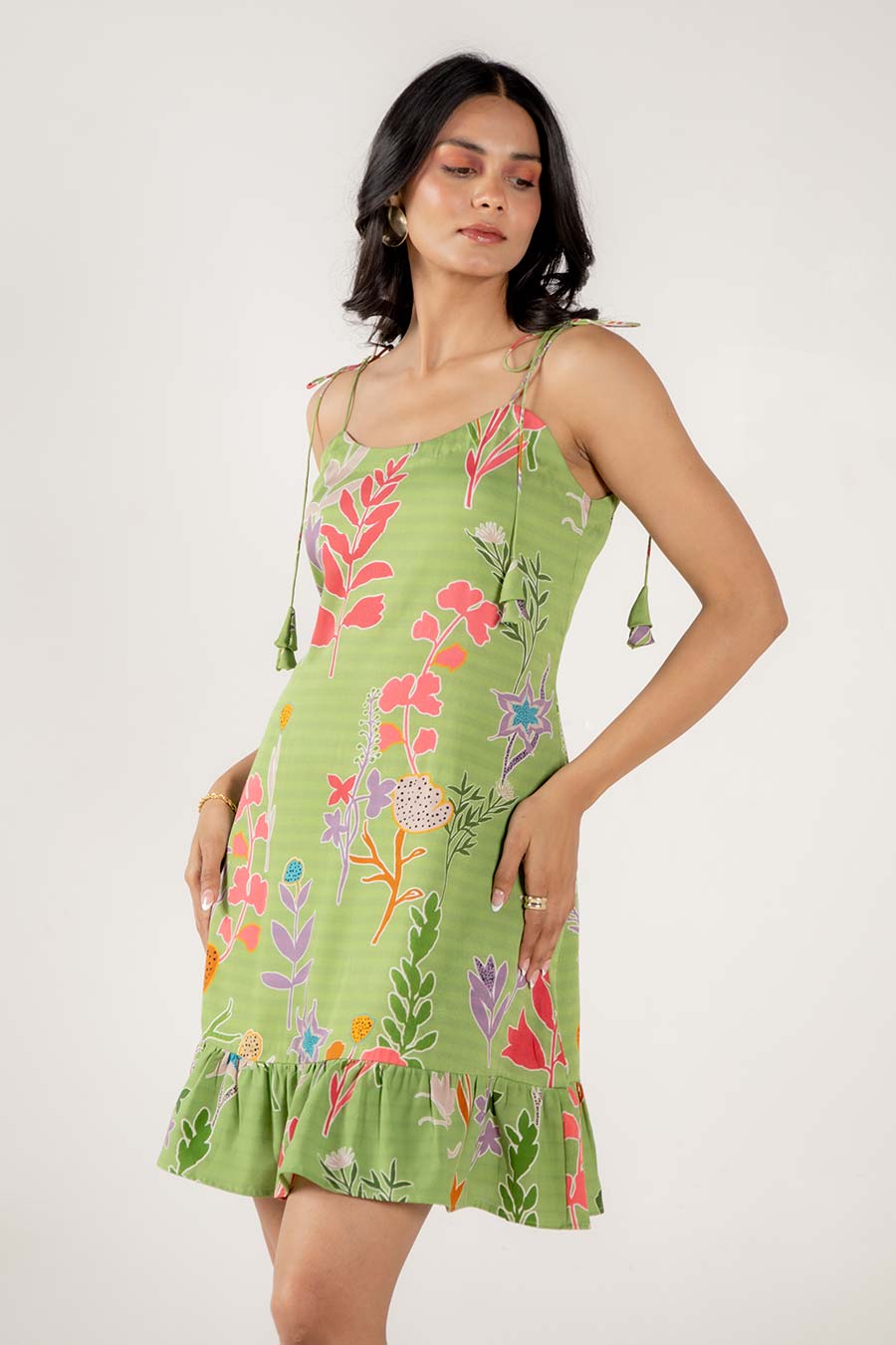 Gardenia Green Floral Print Short Strappy Dress