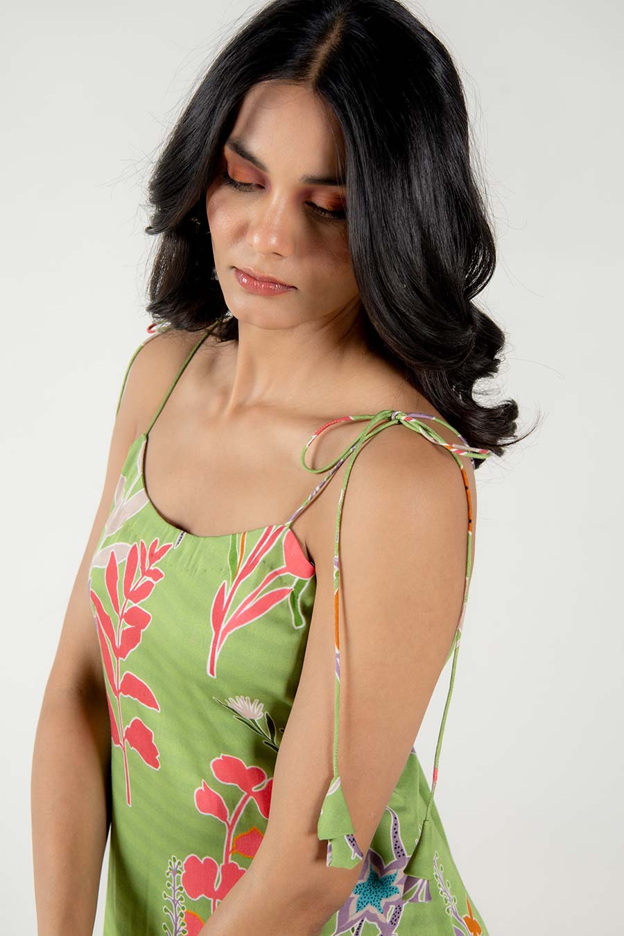 Gardenia Green Floral Print Short Strappy Dress