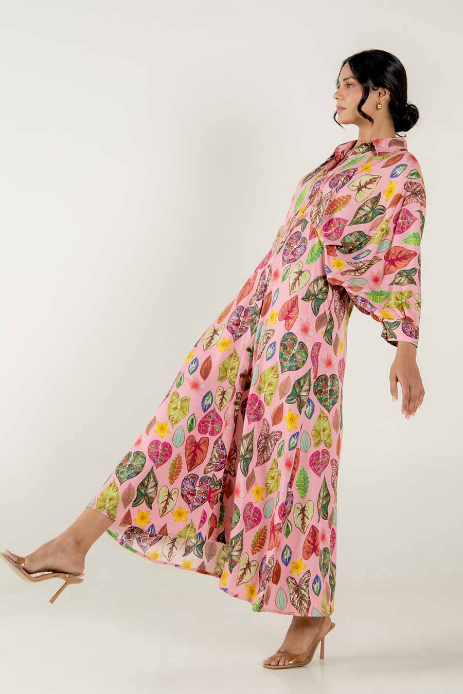 Riva Pink Leaf Print Batwing Dress