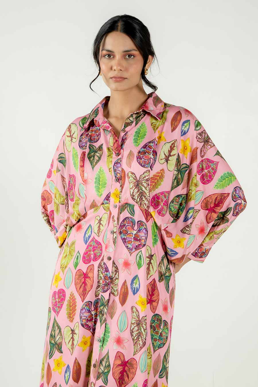 Riva Pink Leaf Print Batwing Dress