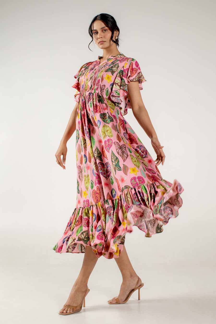 Risa Pink Leaf Print Pleated Dress