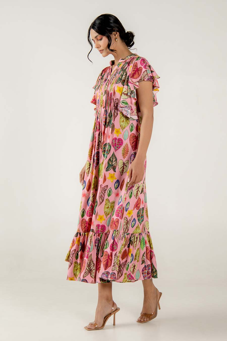 Risa Pink Leaf Print Pleated Dress