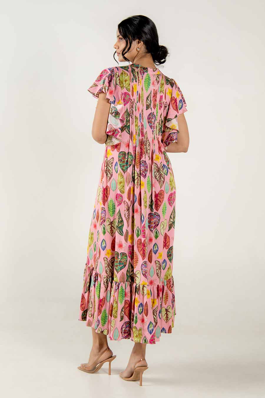 Risa Pink Leaf Print Pleated Dress