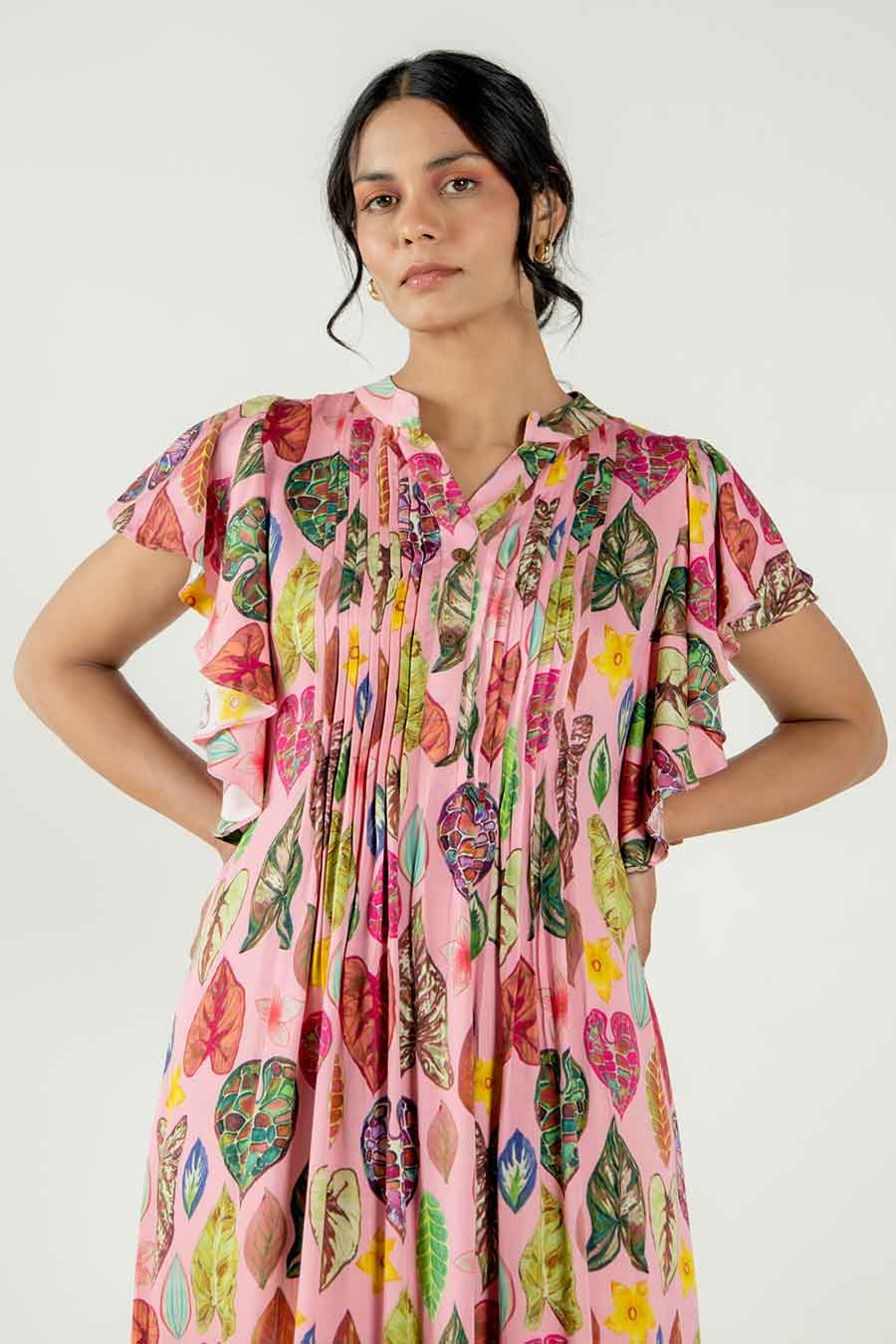 Risa Pink Leaf Print Pleated Dress