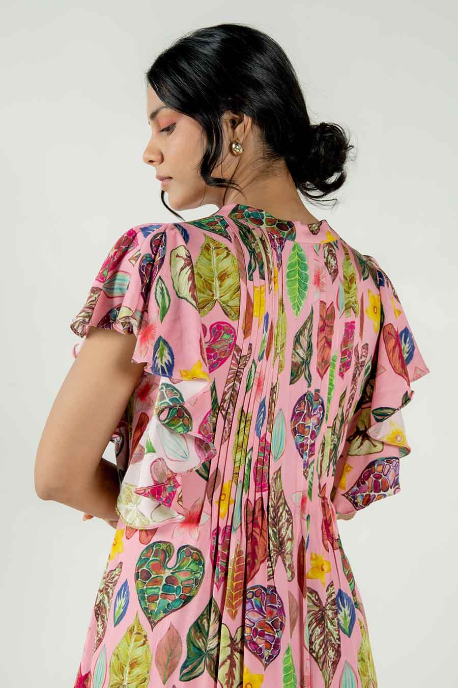 Risa Pink Leaf Print Pleated Dress