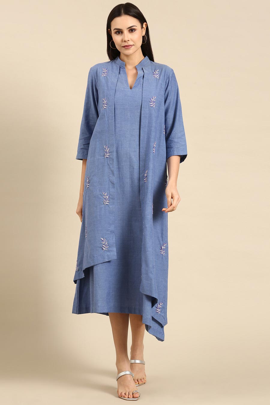 Blue Cotton Embroidered Layered Dress