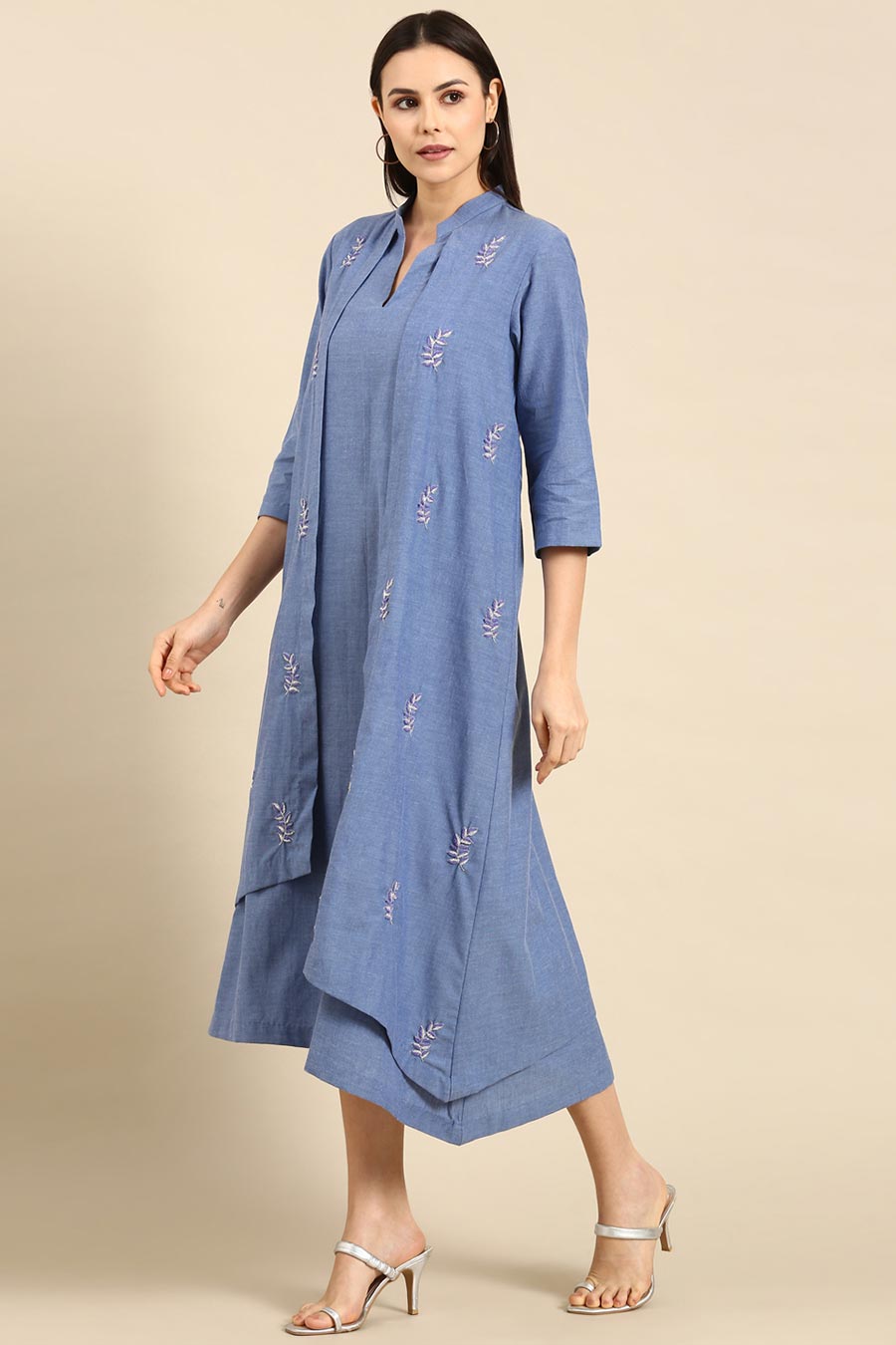 Blue Cotton Embroidered Layered Dress