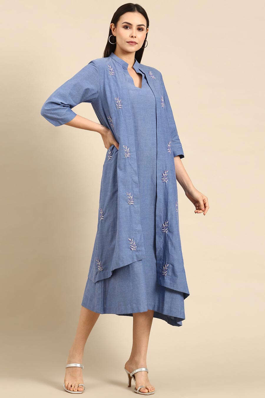 Blue Cotton Embroidered Layered Dress