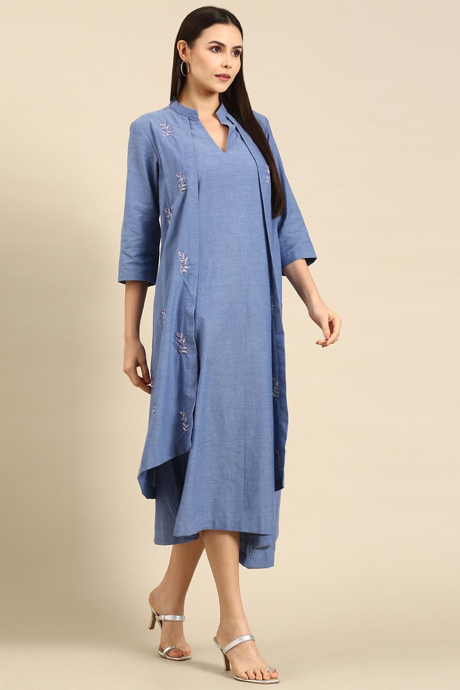 Blue Cotton Embroidered Layered Dress