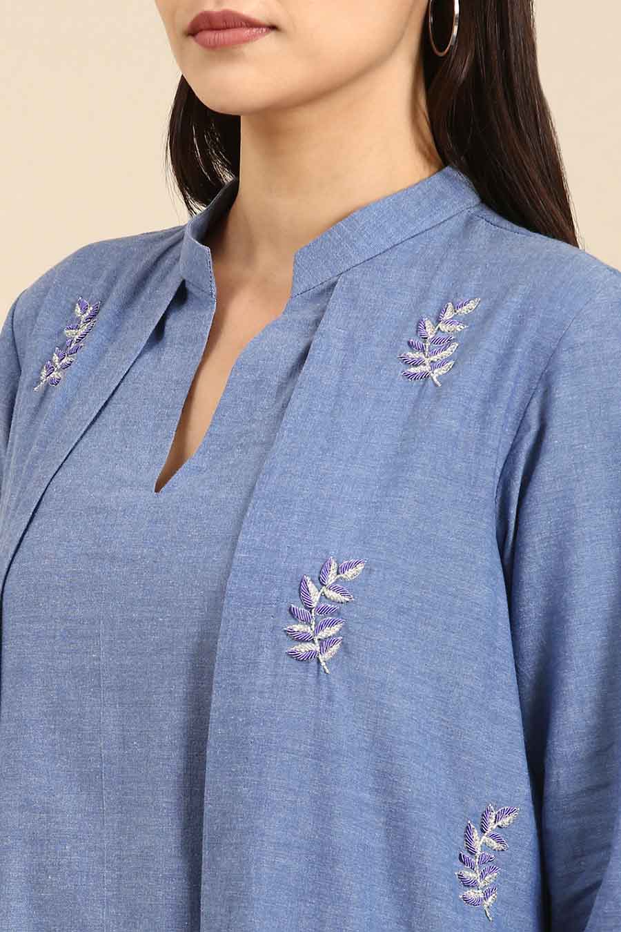 Blue Cotton Embroidered Layered Dress