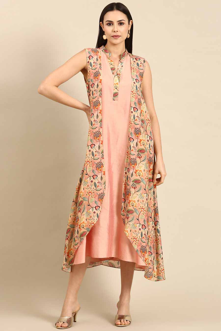 Peach Printed Satin Flap Dress