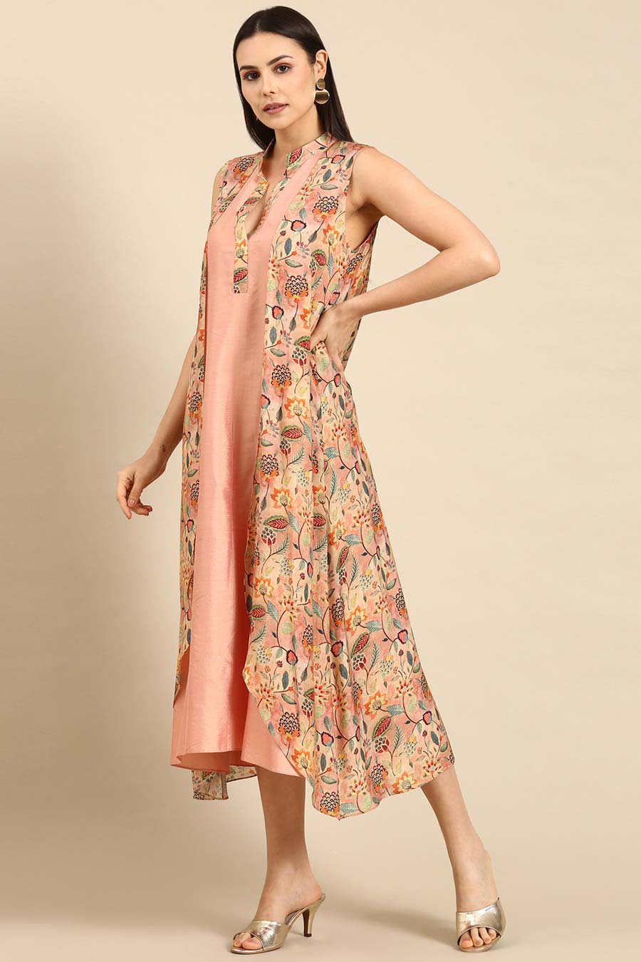 Peach Printed Satin Flap Dress