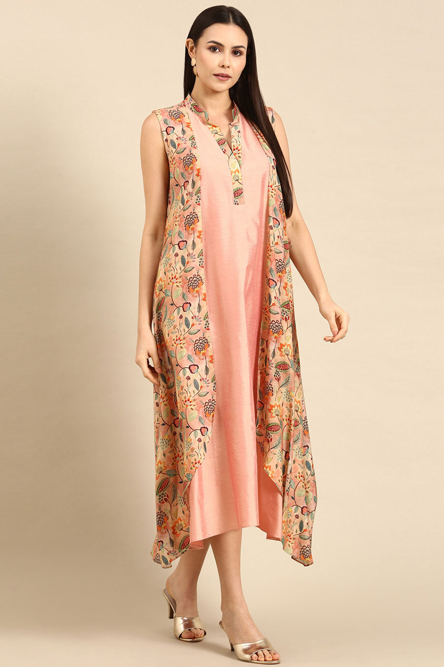 Peach Printed Satin Flap Dress