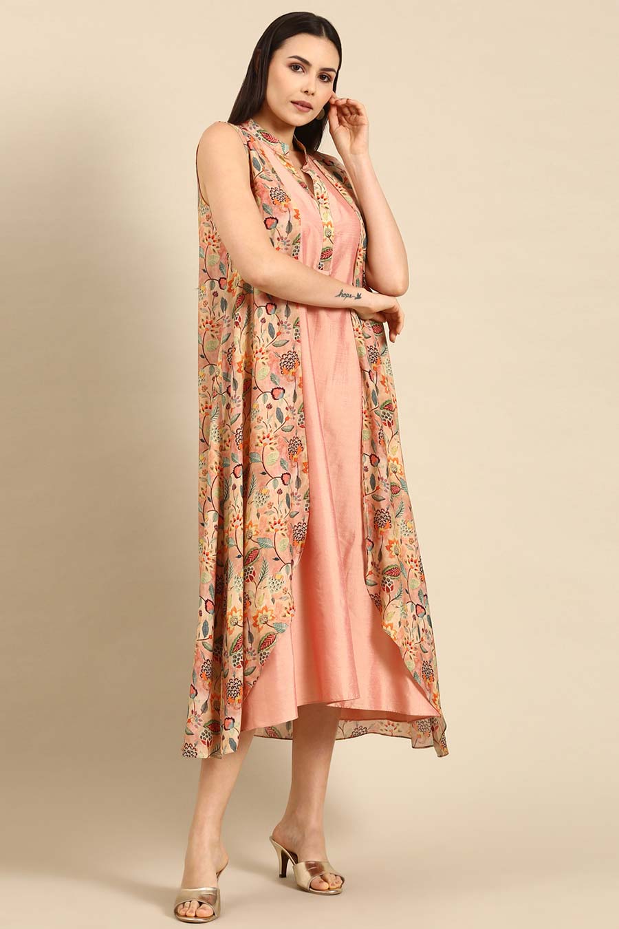 Peach Printed Satin Flap Dress