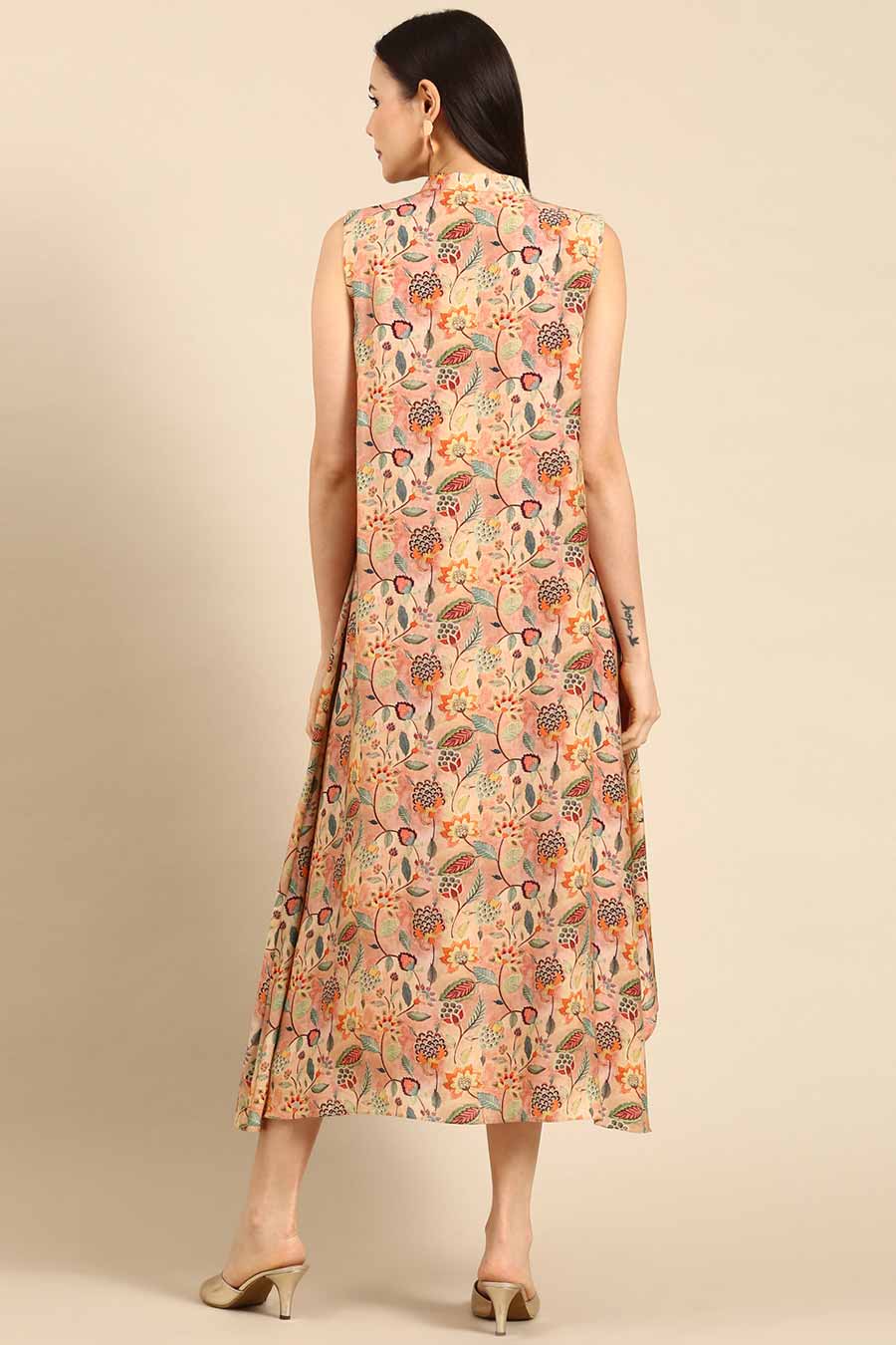 Peach Printed Satin Flap Dress