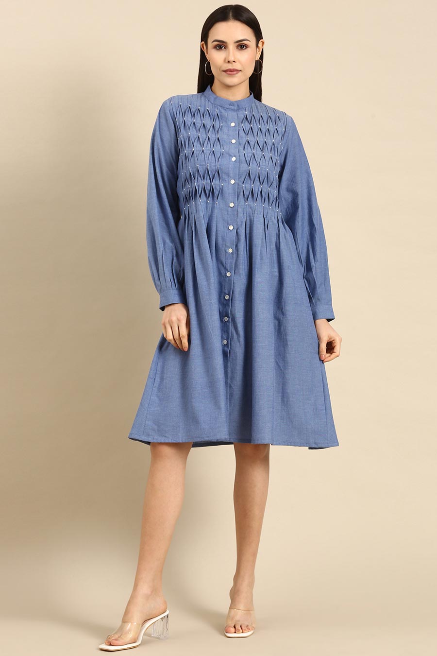 Denim Blue Cotton Smocked Dress