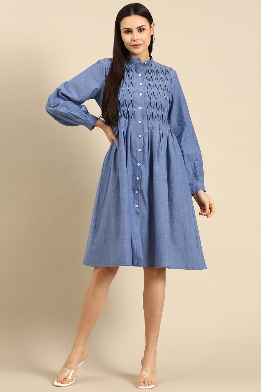 Denim Blue Cotton Smocked Dress