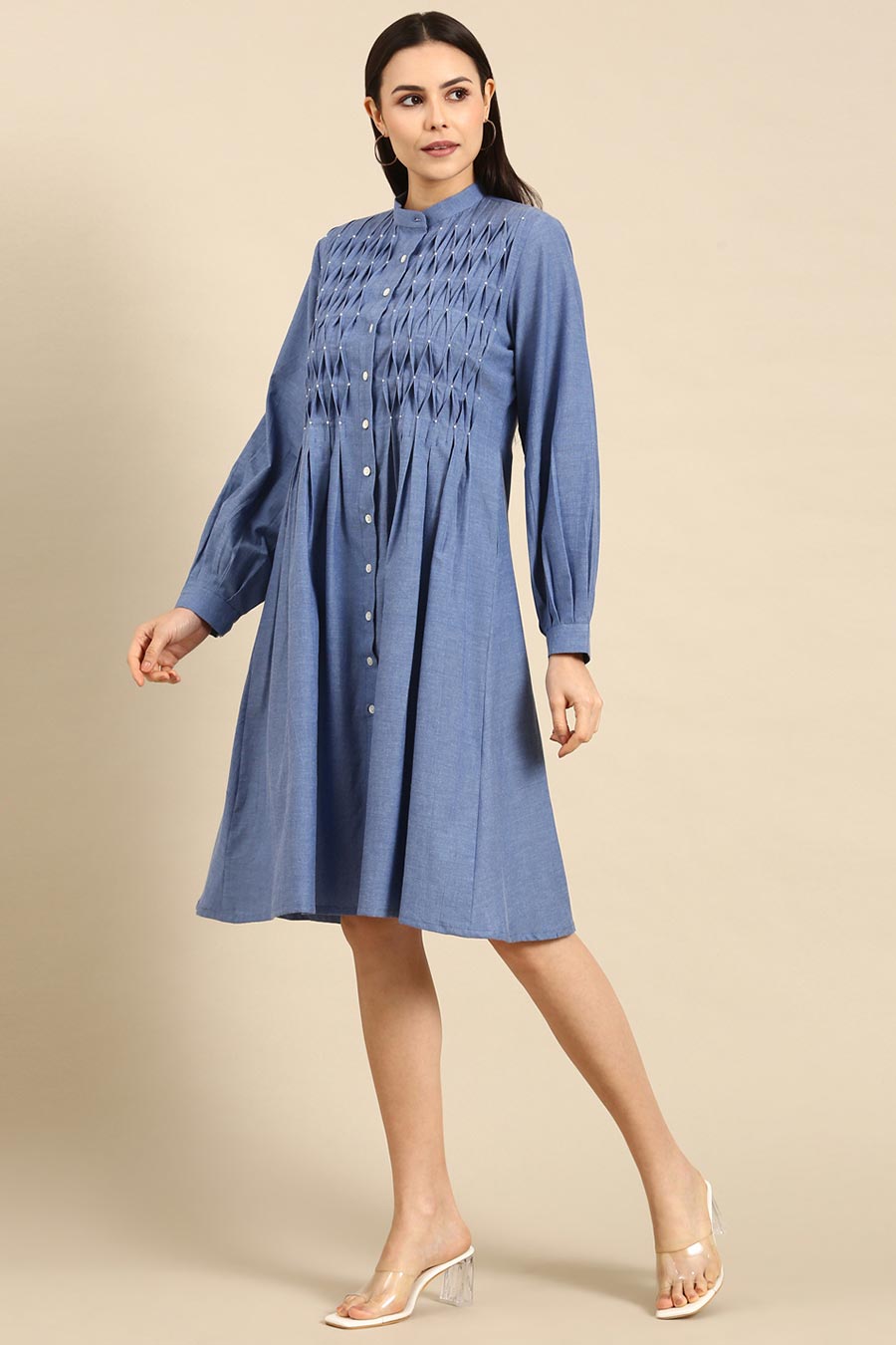 Denim Blue Cotton Smocked Dress