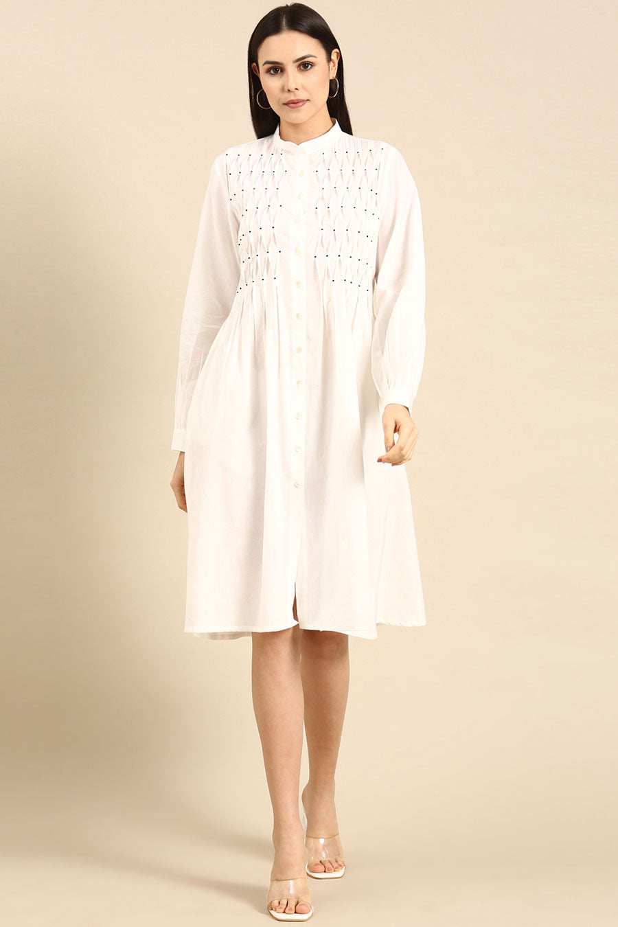 Shop White Cotton Smocked Dress by ASMI BY MAYANK MODI at House of