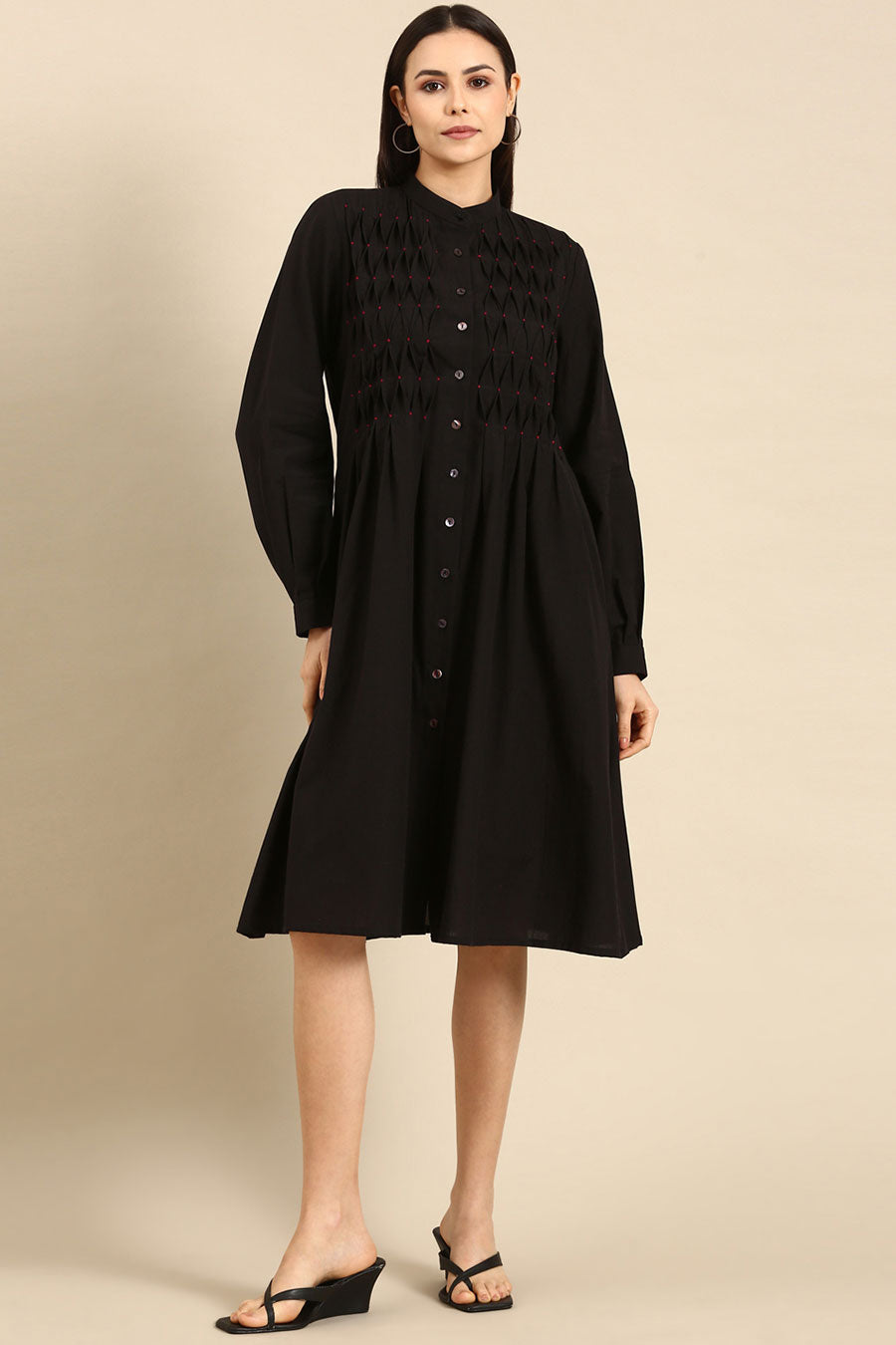 Shop Black Cotton Smocked Dress by ASMI BY MAYANK MODI at House of