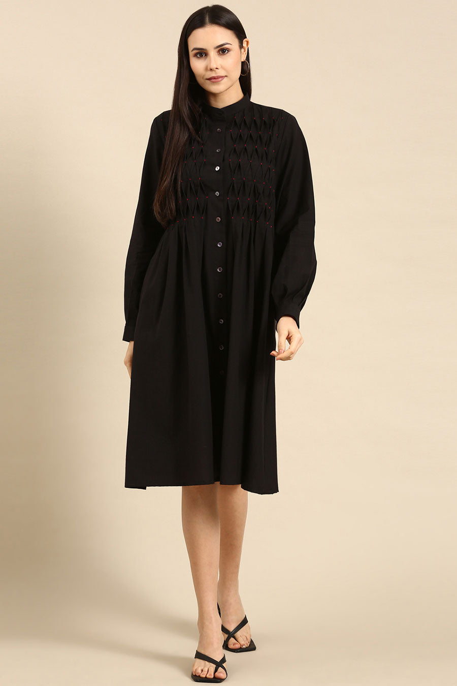 Shop Black Cotton Smocked Dress by ASMI BY MAYANK MODI at House of