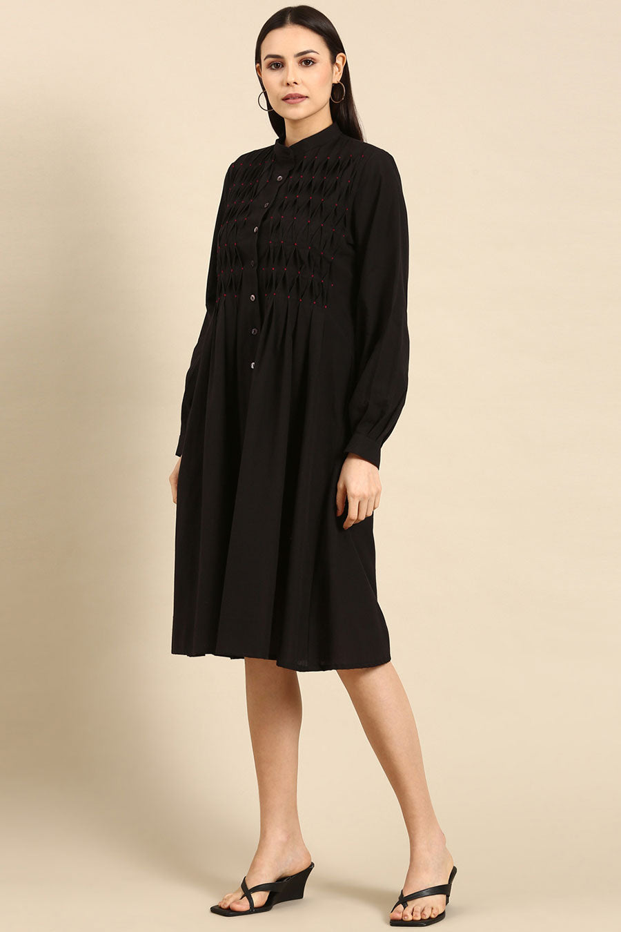 Black Cotton Smocked Dress