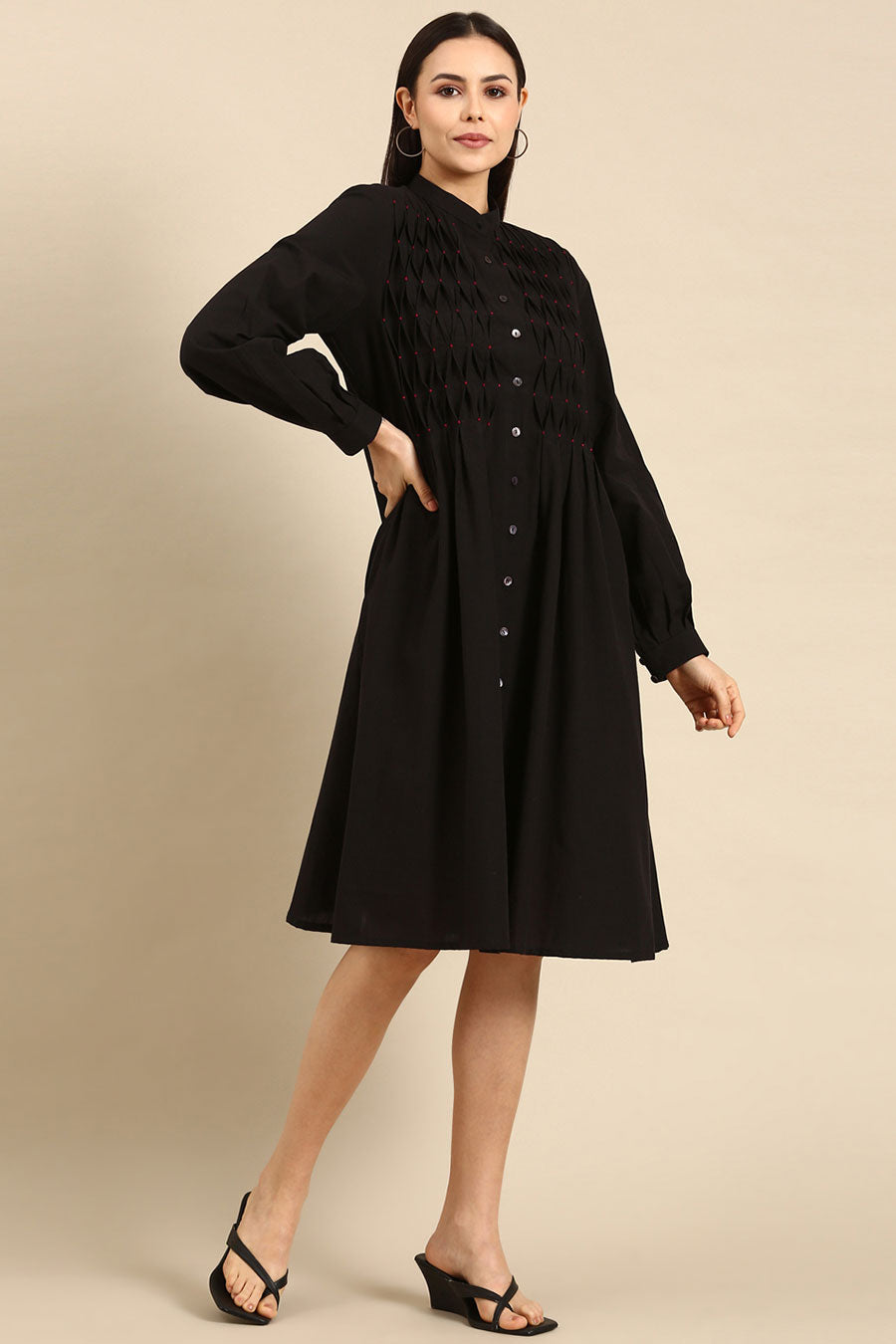 Black Cotton Smocked Dress