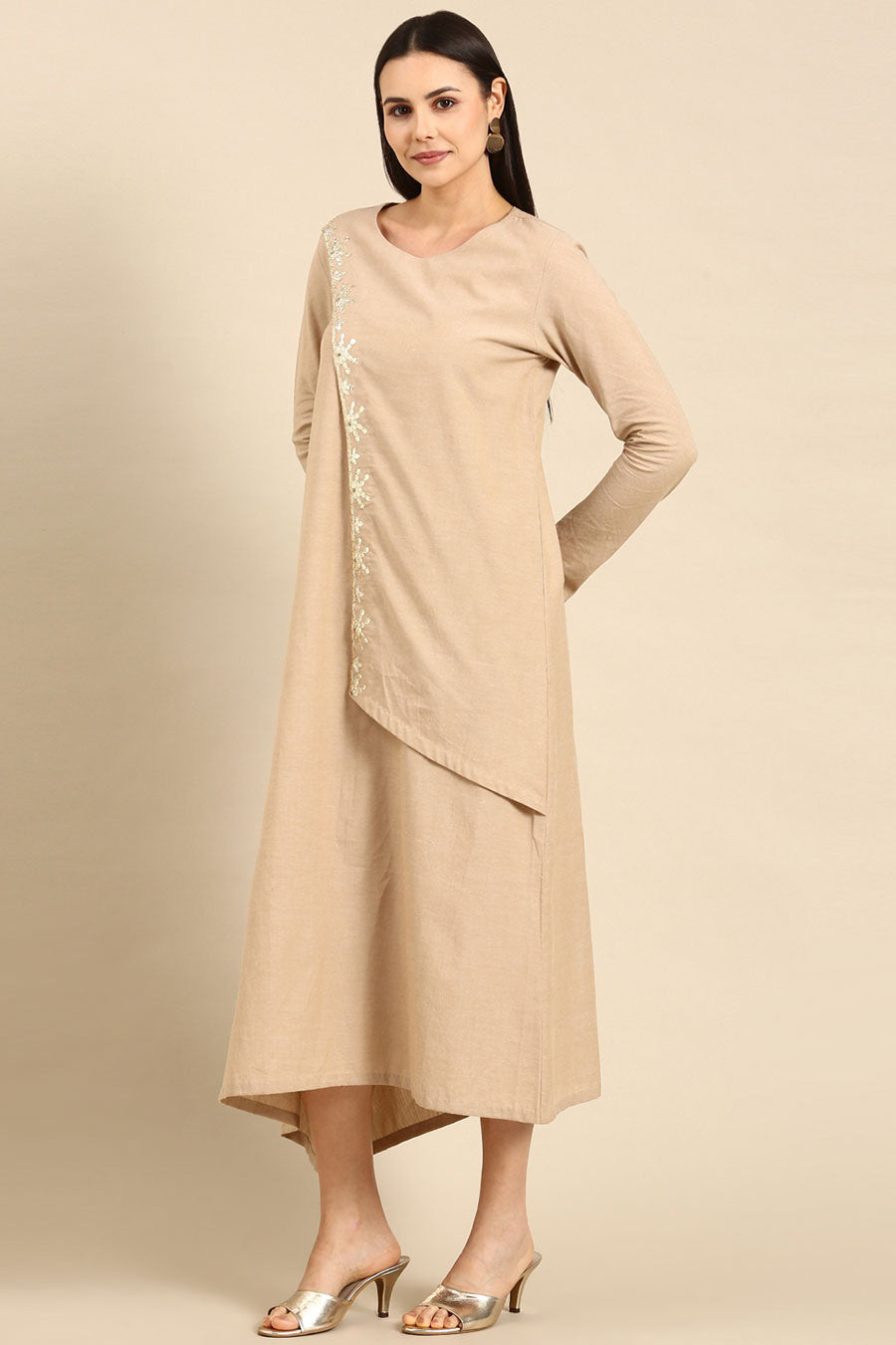 Beige Cotton Gota Embroidered Dress